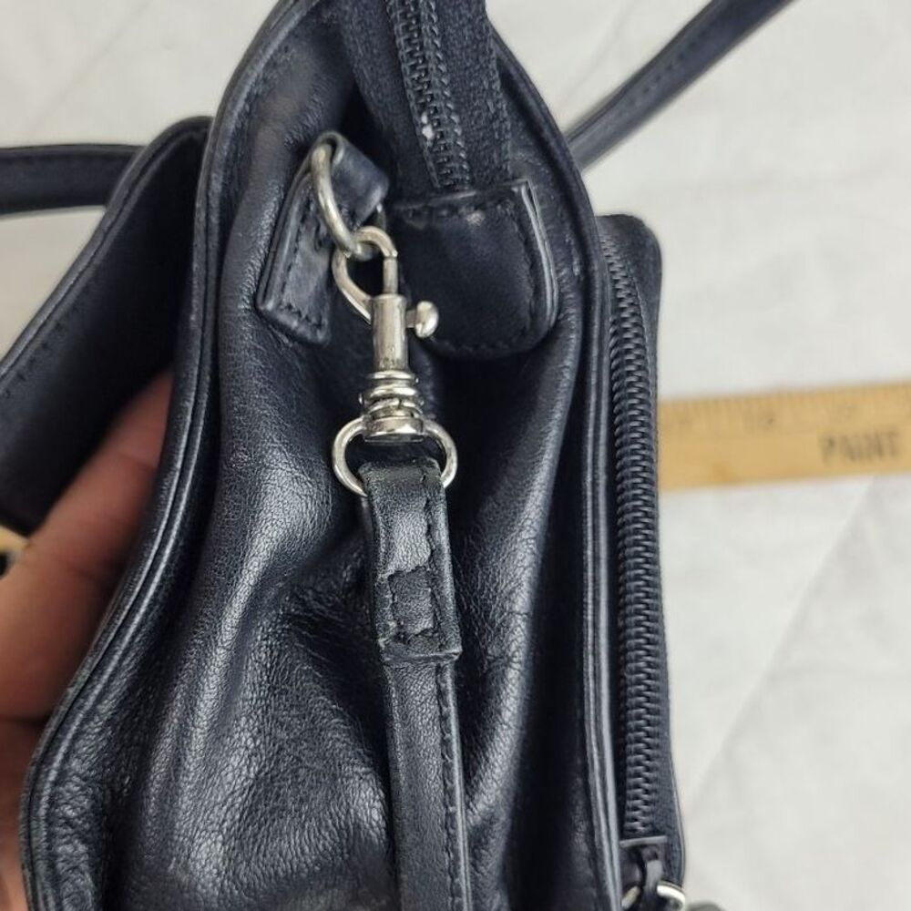 Small Black Leather Cross Body Compact purse handles long strap office classic - Picture 11 of 13
